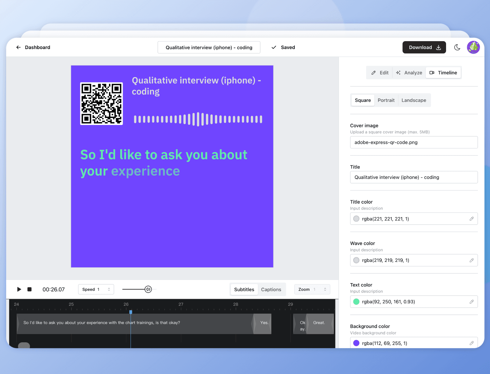 Subtitle editor interface with waveform