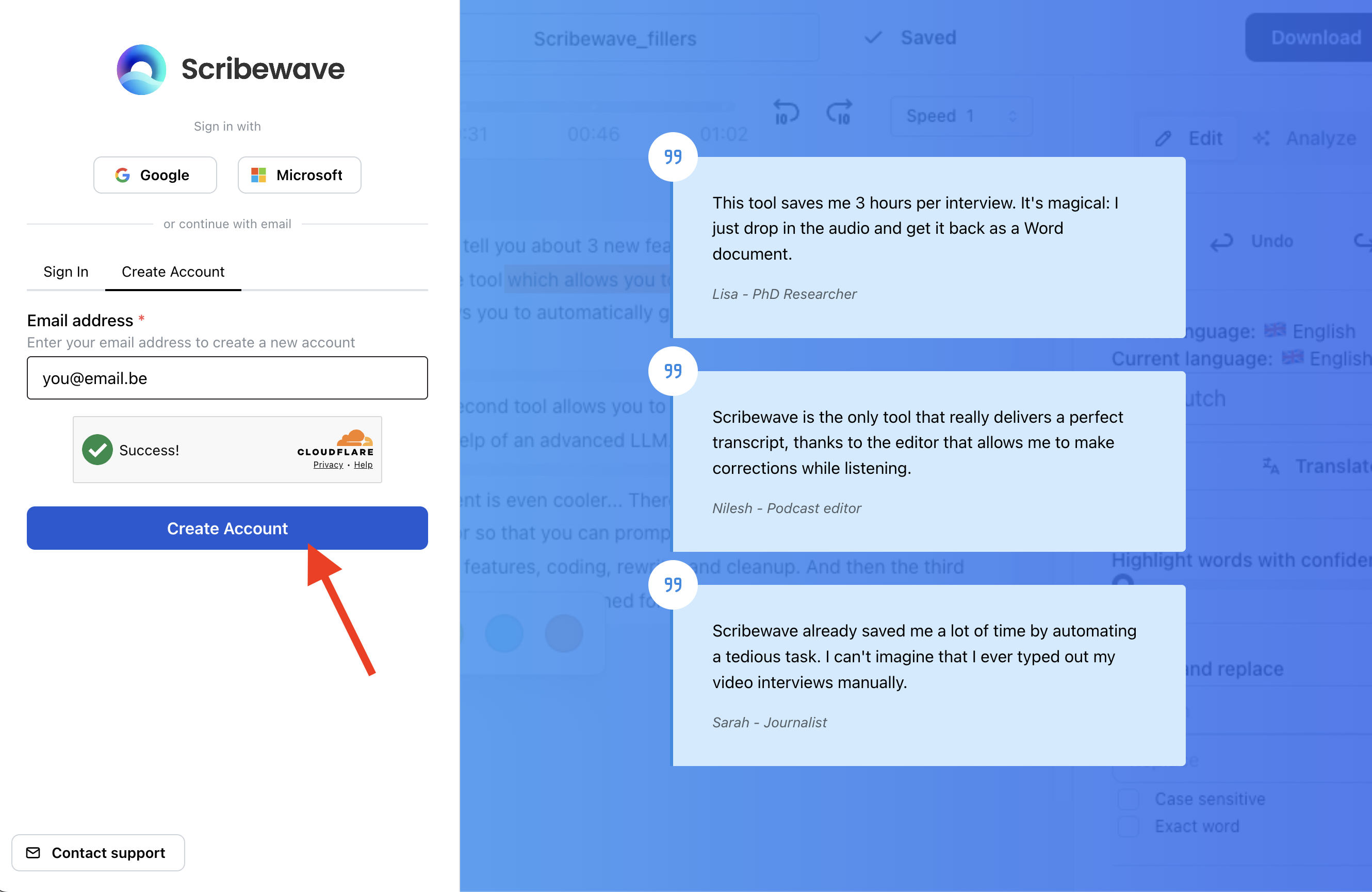 Scherm: Scribewave account aanmaken