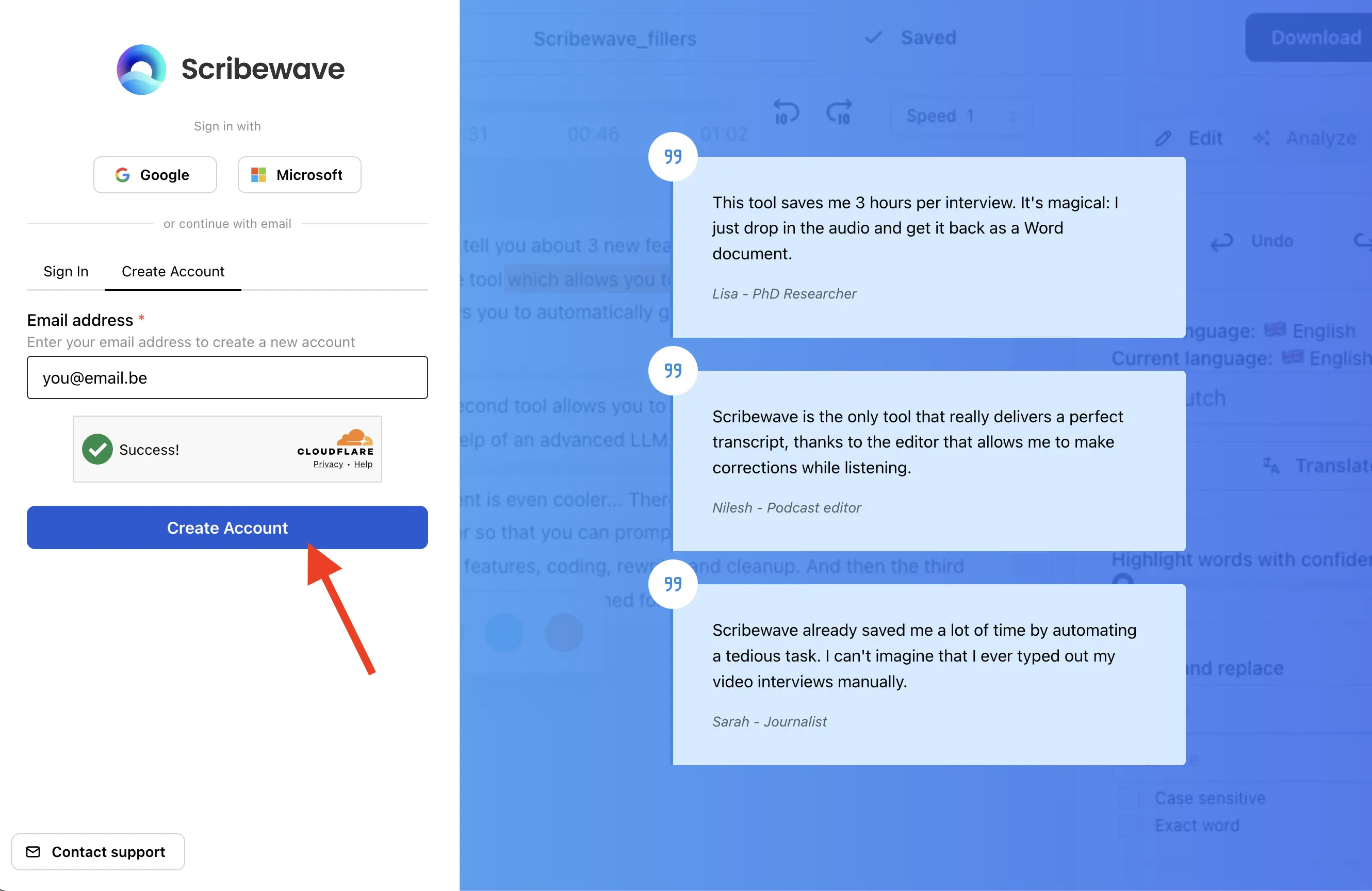 Scherm: Scribewave account aanmaken