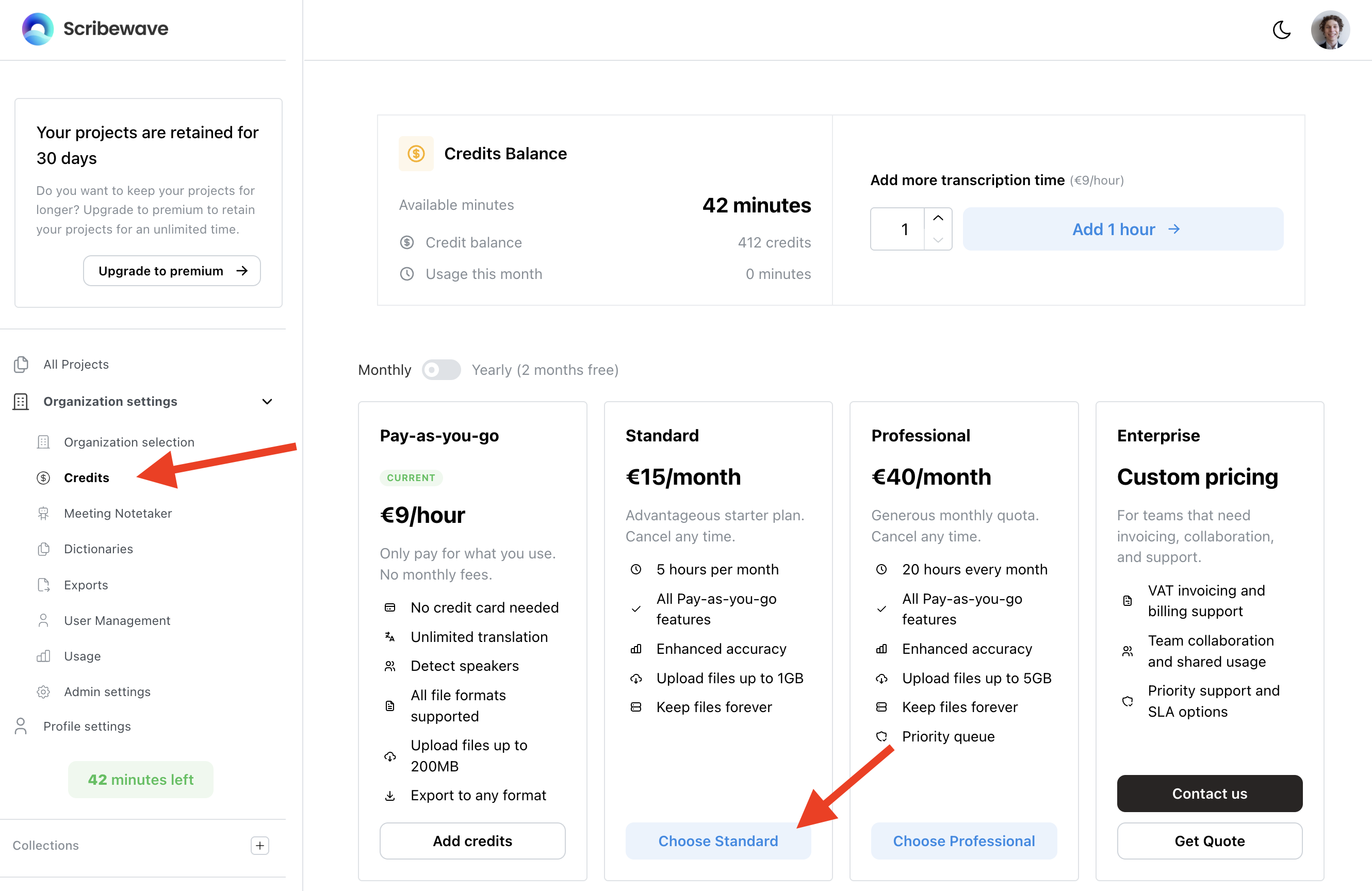Scherm: Organization settings en Credits-pagina