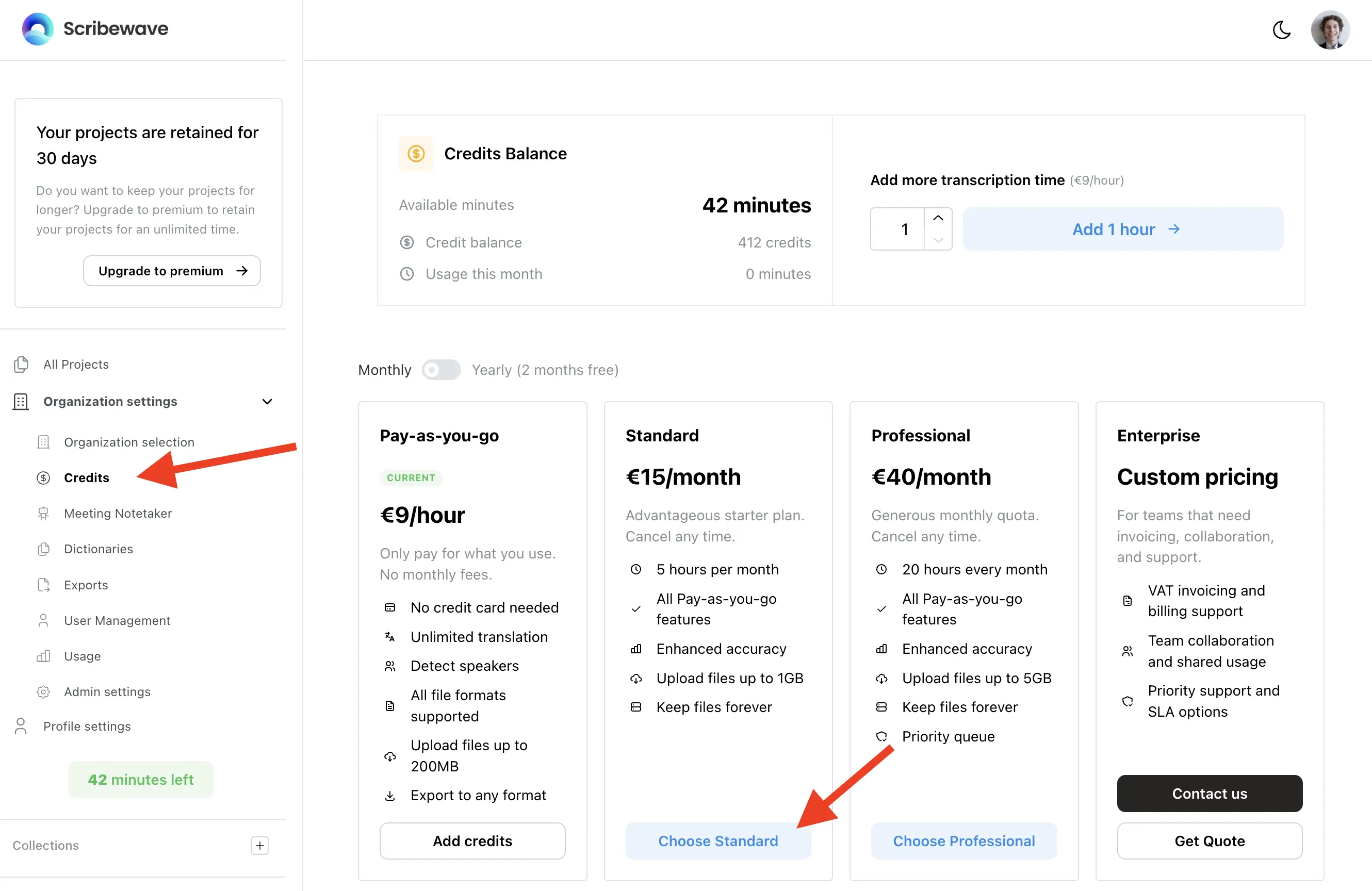 Scherm: Organization settings en Credits-pagina