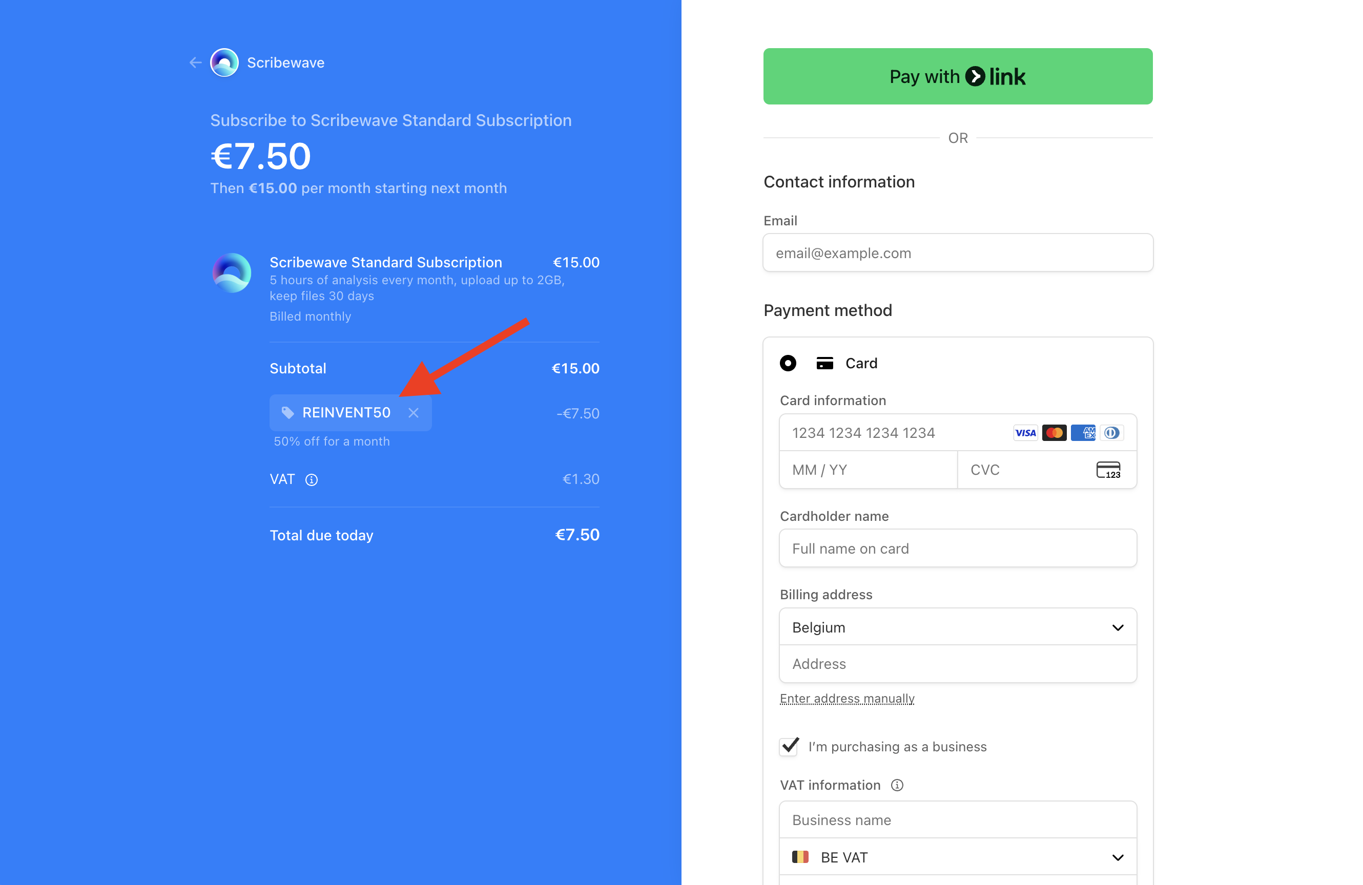 Scherm: REINVENT50 code toegepast bij checkout