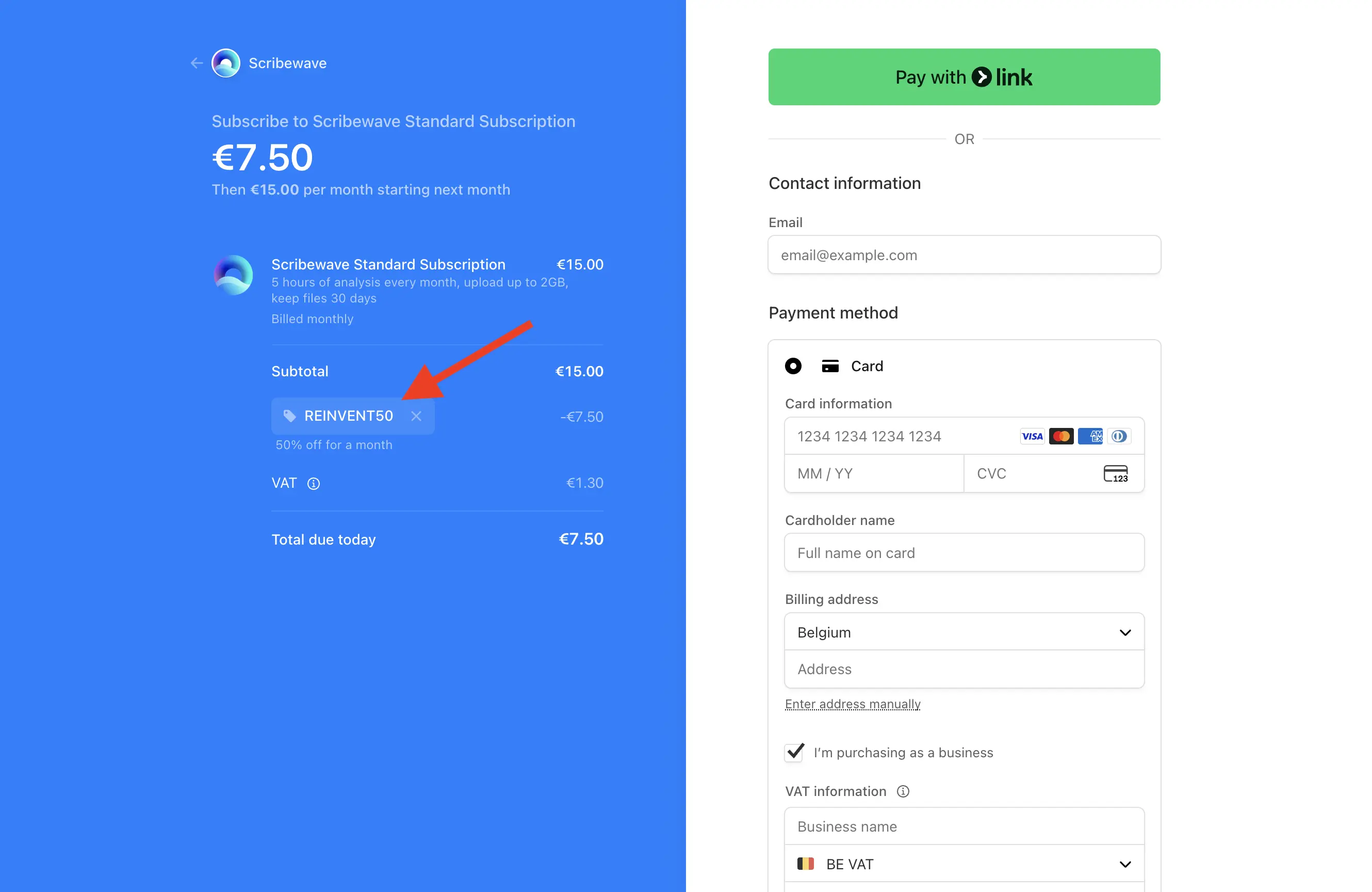 Scherm: REINVENT50 code toegepast bij checkout